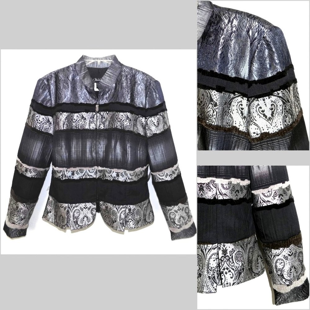 NWT Black and silver jacket 8 Zip Rhinestone pull Velvet trim Canada Metallic
